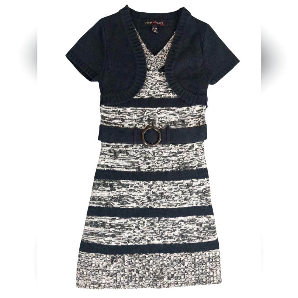 EUC Girl's Black & White Belted Sweater Dress with Shrug (Size S 7/8)